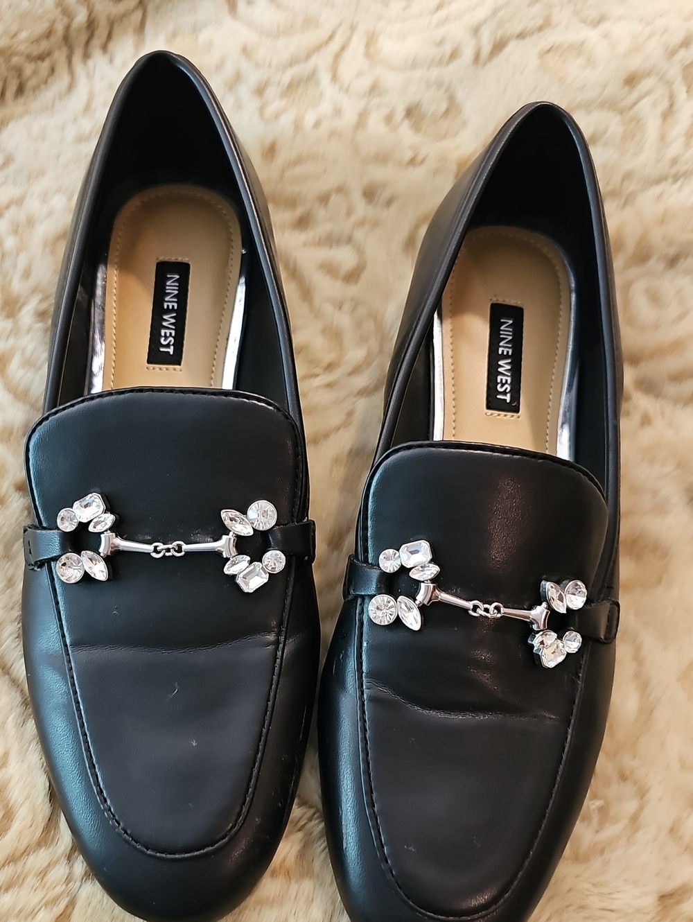Nine West Black Leather Loafers with Crystal Accent